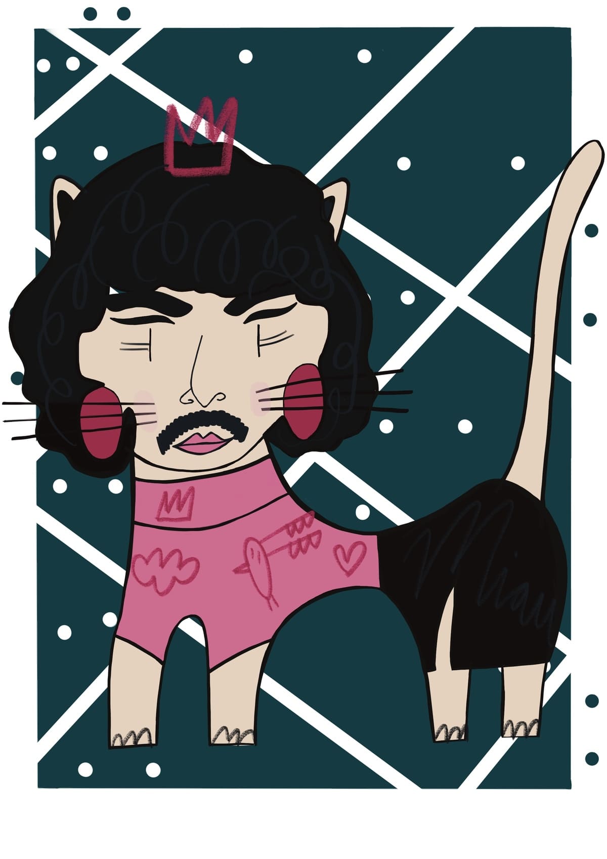 Ilustración de un gato inspirado en Freddie Mercury, reinterpretado con un estilo contemporáneo dentro de la colección Oh My Cat de Petita Lechatrose.