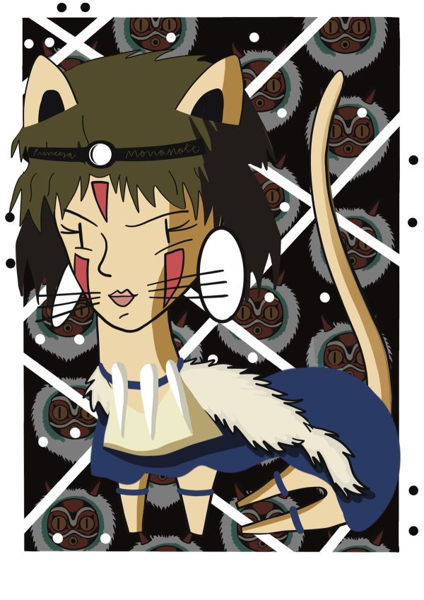 Ilustración de la Princesa Mononoke reinterpretada como una gata con estética contemporánea, inspirada en el universo de Studio Ghibli y perteneciente a la colección Oh My Cat de Petita Lechatrose.