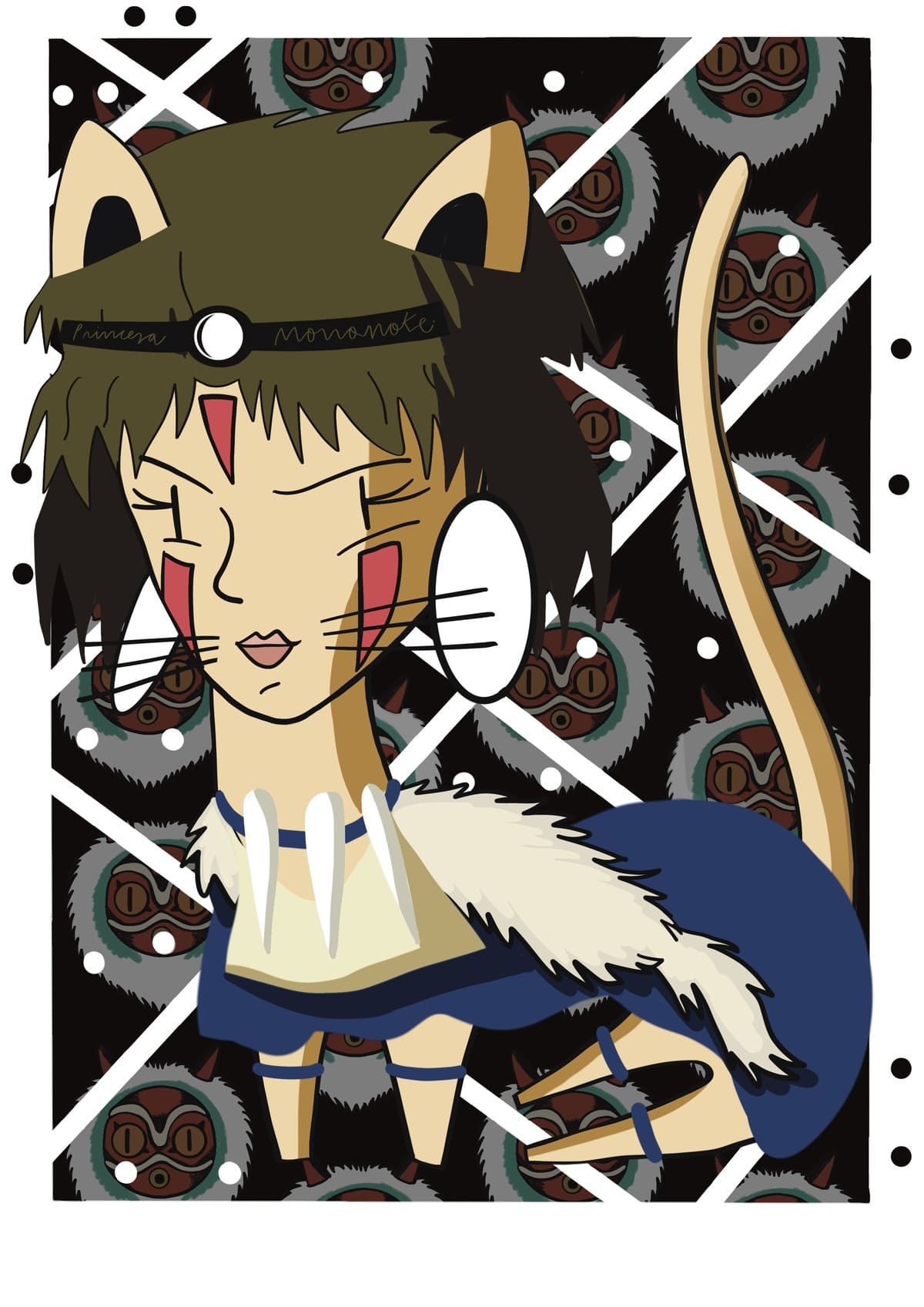 Ilustración de la Princesa Mononoke reinterpretada como una gata con estética contemporánea, inspirada en el universo de Studio Ghibli y perteneciente a la colección Oh My Cat de Petita Lechatrose.