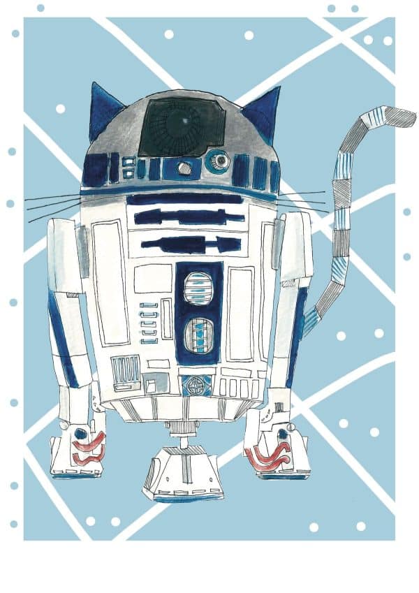 Ilustración de R2-D2 reinterpretado como un gato con estética contemporánea, inspirada en el universo Star Wars y perteneciente a la colección Oh My Cat de Petita Lechatrose.
