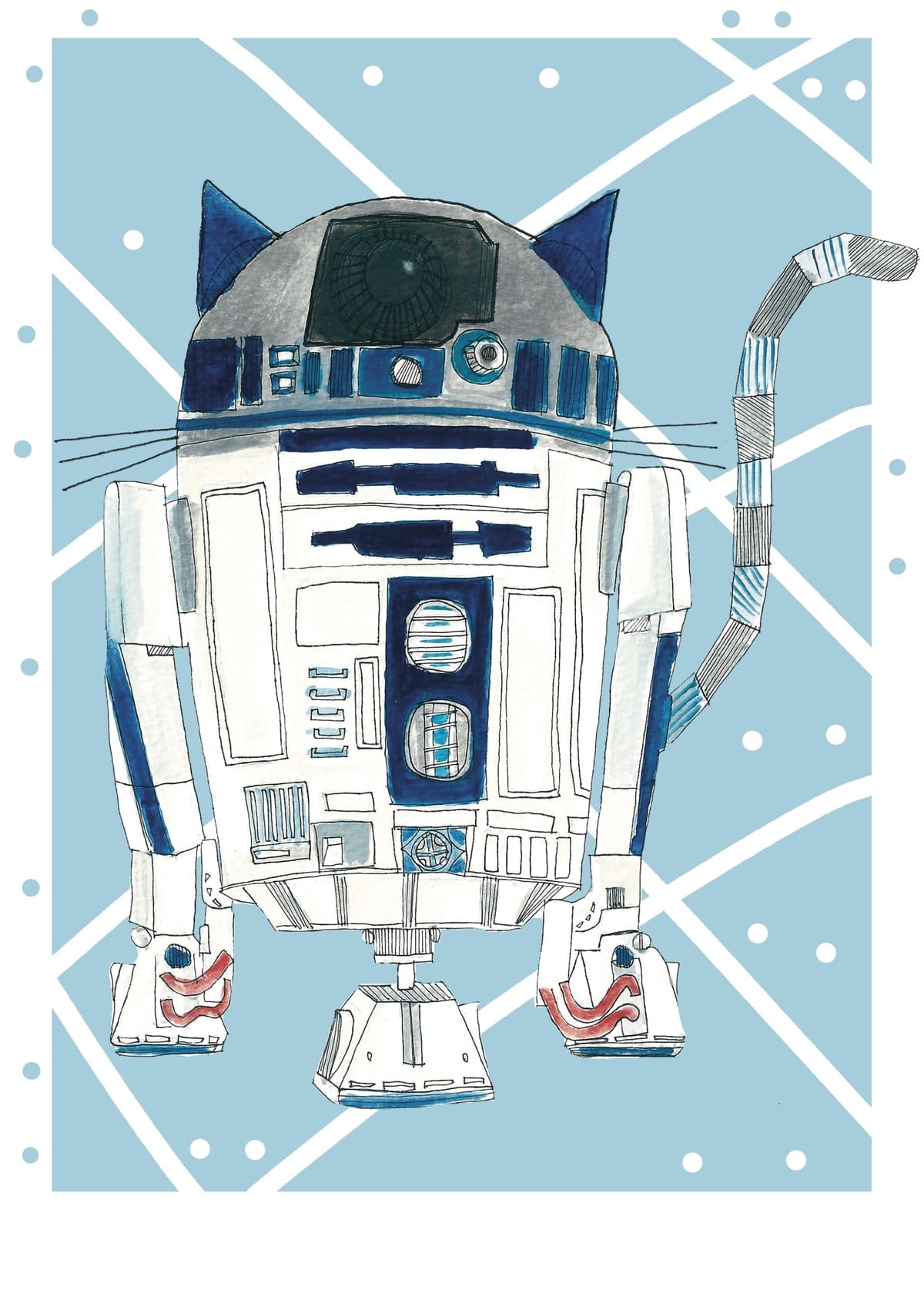Ilustración de R2-D2 reinterpretado como un gato con estética contemporánea, inspirada en el universo Star Wars y perteneciente a la colección Oh My Cat de Petita Lechatrose.