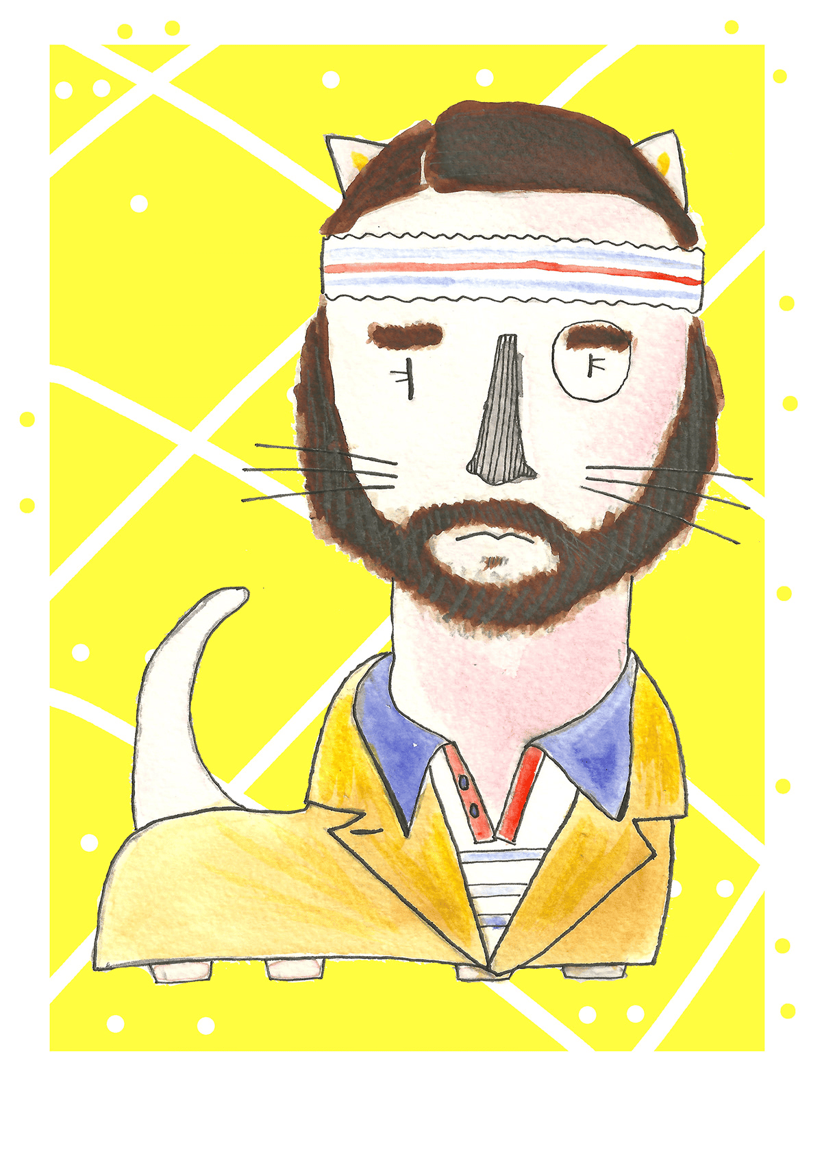 Ilustración de Richie Tenenbaum reinterpretado como un gato con estética contemporánea, inspirada en The Royal Tenenbaums y perteneciente a la colección Oh My Cat de Petita Lechatrose.