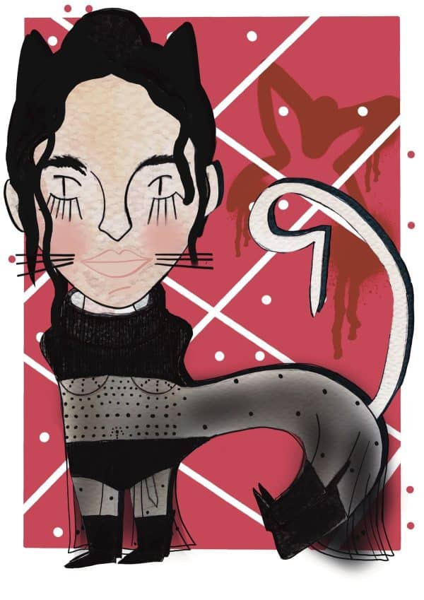 Ilustración de Rosalía reinterpretada como una gata con estética contemporánea, inspirada en la artista y perteneciente a la colección Oh My Cat de Petita Lechatrose.