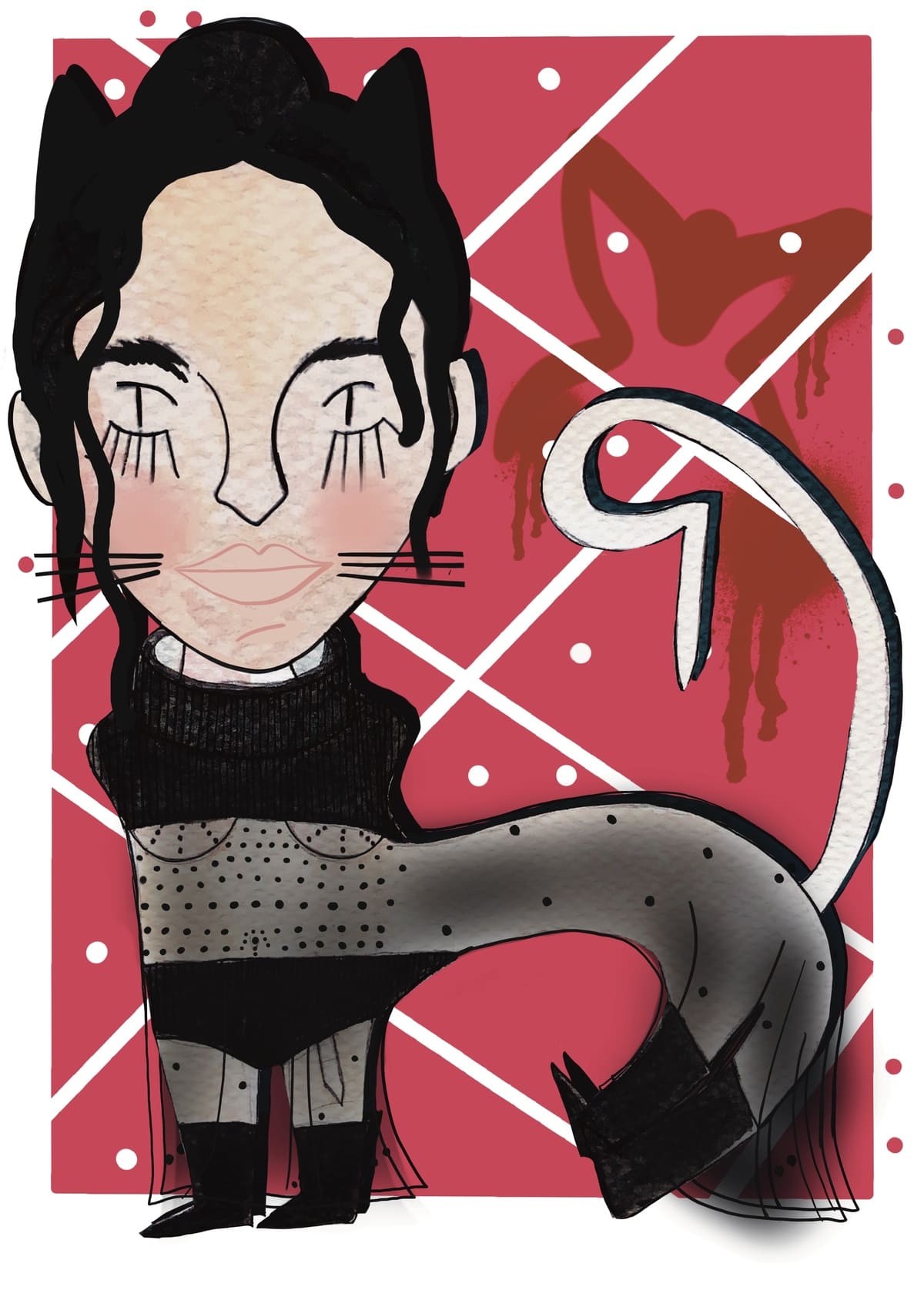 Ilustración de Rosalía reinterpretada como una gata con estética contemporánea, inspirada en la artista y perteneciente a la colección Oh My Cat de Petita Lechatrose.