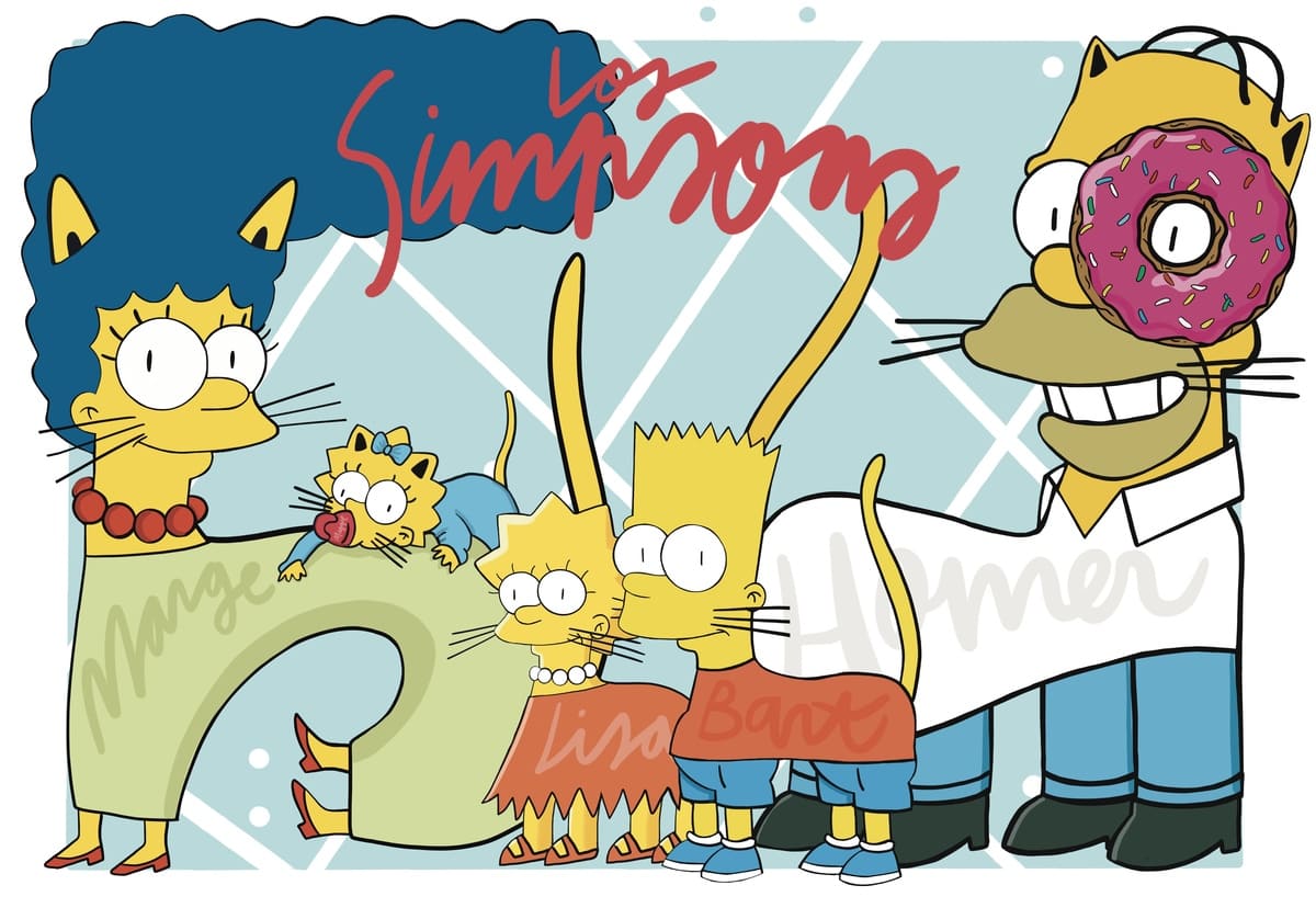 Ilustración de la familia Simpson reinterpretada como gatos, con Homer, Marge, Bart, Lisa y Maggie en un estilo contemporáneo, perteneciente a la colección Oh My Cat de Petita Lechatrose.