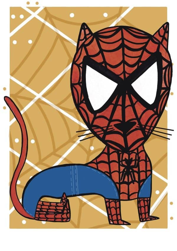 Ilustración de Spiderman reinterpretado como un gato con estética contemporánea, inspirada en el universo Marvel y perteneciente a la colección Oh My Cat de Petita Lechatrose.