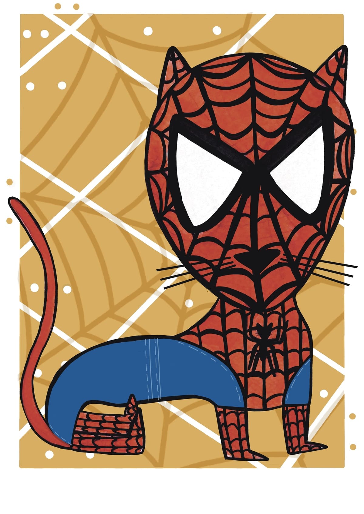 Ilustración de Spiderman reinterpretado como un gato con estética contemporánea, inspirada en el universo Marvel y perteneciente a la colección Oh My Cat de Petita Lechatrose.