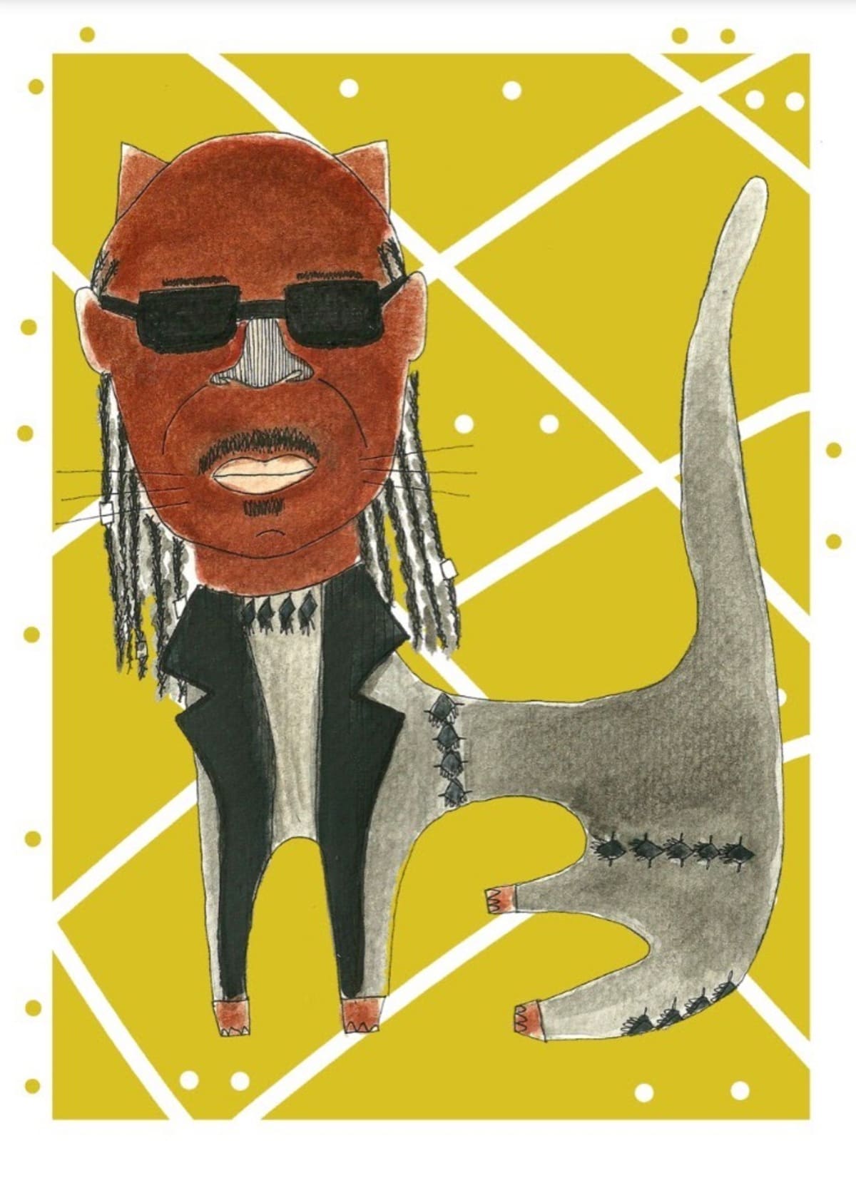 Ilustración de un gato inspirado en Stevie Wonder, reinterpretado con un estilo contemporáneo dentro de la colección Oh My Cat de Petita Lechatrose.