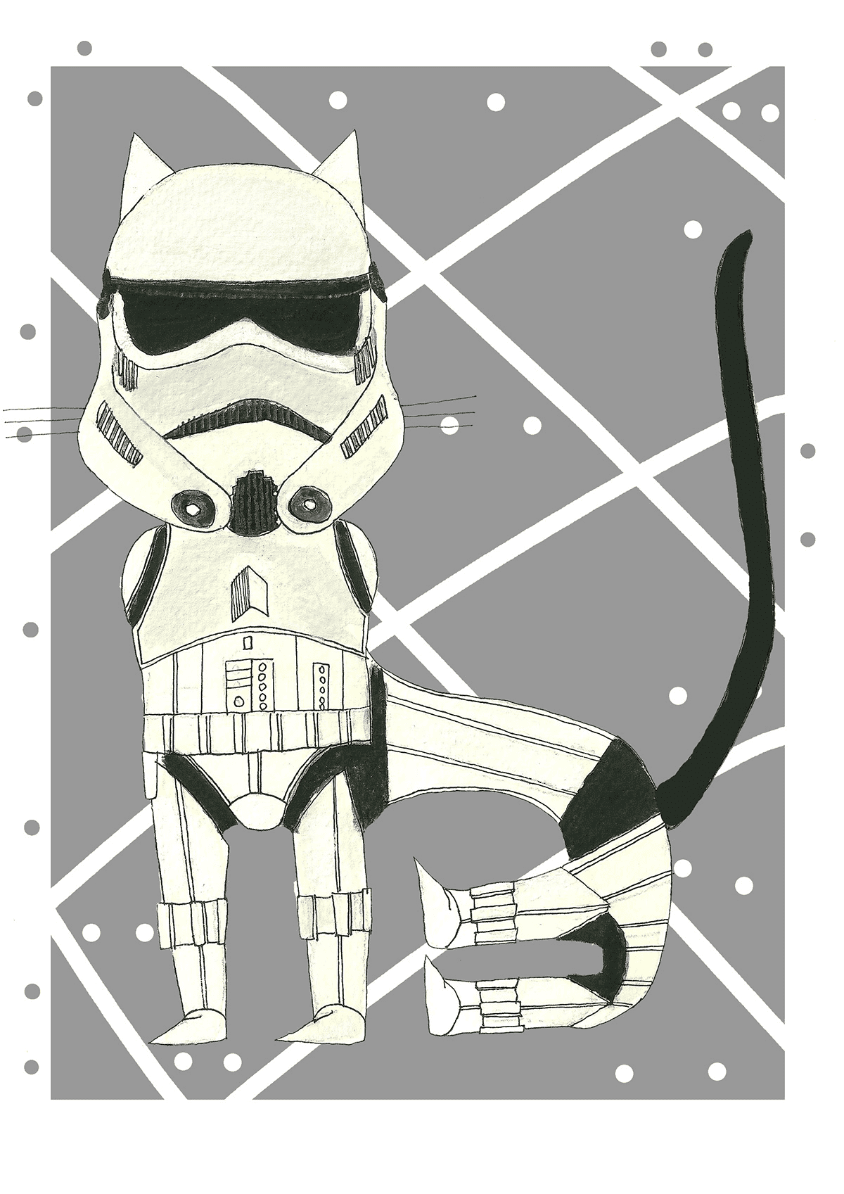 Ilustración de un Stormtrooper reinterpretado como un gato con estética contemporánea, inspirada en el universo Star Wars y perteneciente a la colección Oh My Cat de Petita Lechatrose.