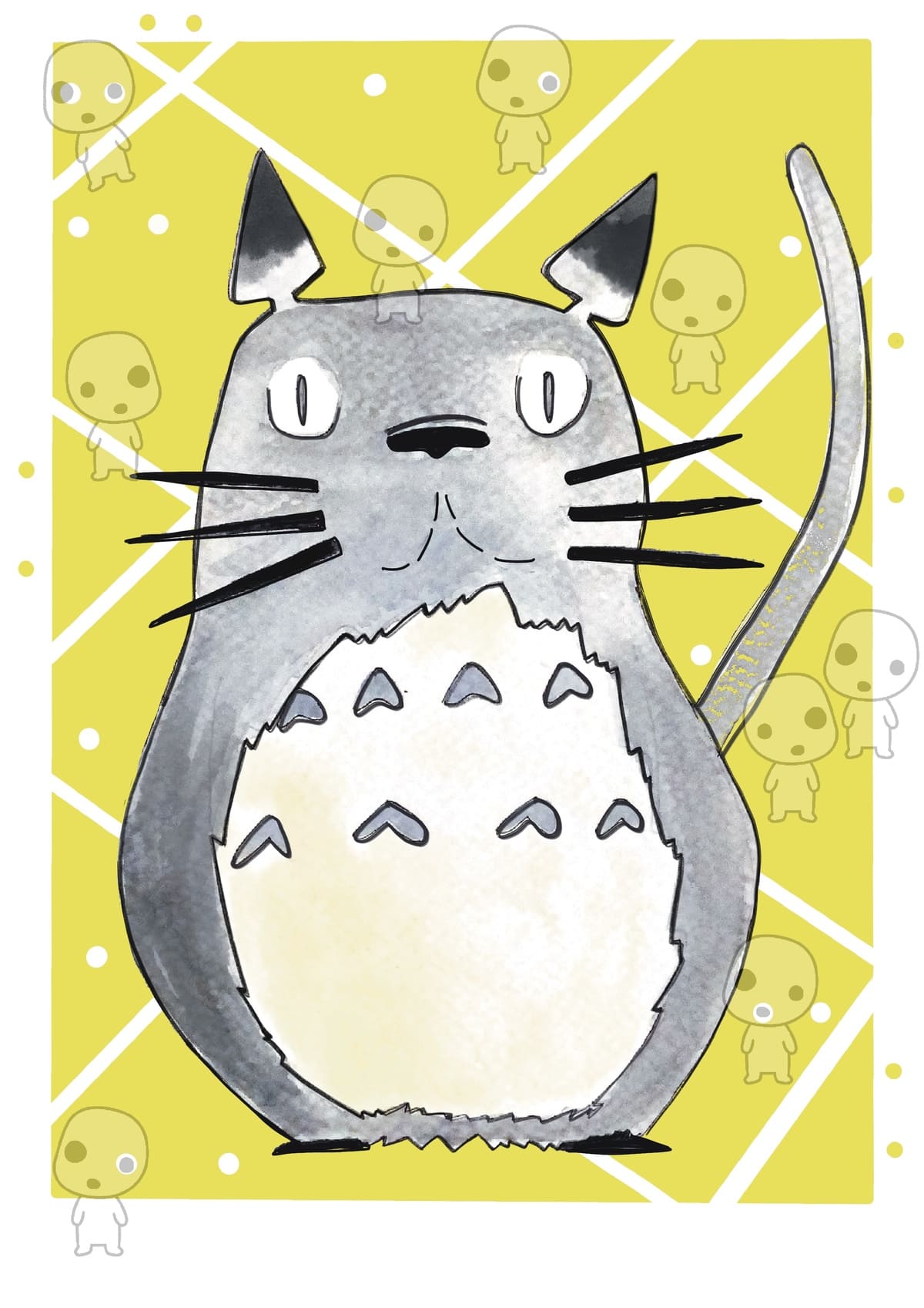 Ilustración de Totoro reinterpretado como un gato con estética contemporánea, inspirada en el universo de Studio Ghibli y perteneciente a la colección Oh My Cat de Petita Lechatrose.