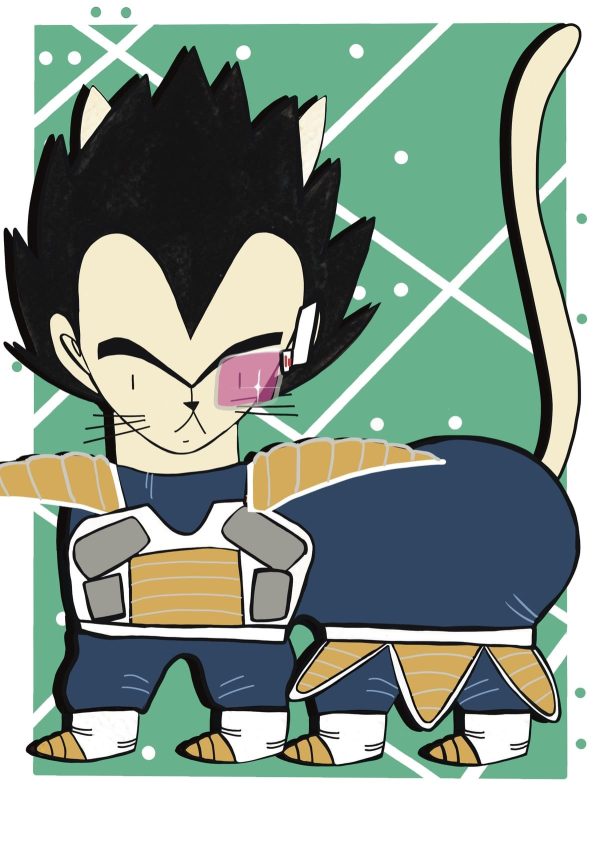 Ilustración de un gato inspirado en Vegeta, reinterpretado con un estilo contemporáneo y perteneciente a la colección Oh My Cat de Petita Lechatrose.