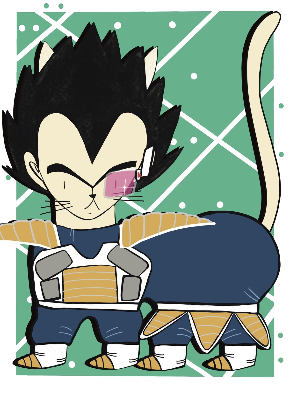 Ilustración de un gato inspirado en Vegeta, reinterpretado con un estilo contemporáneo y perteneciente a la colección Oh My Cat de Petita Lechatrose.