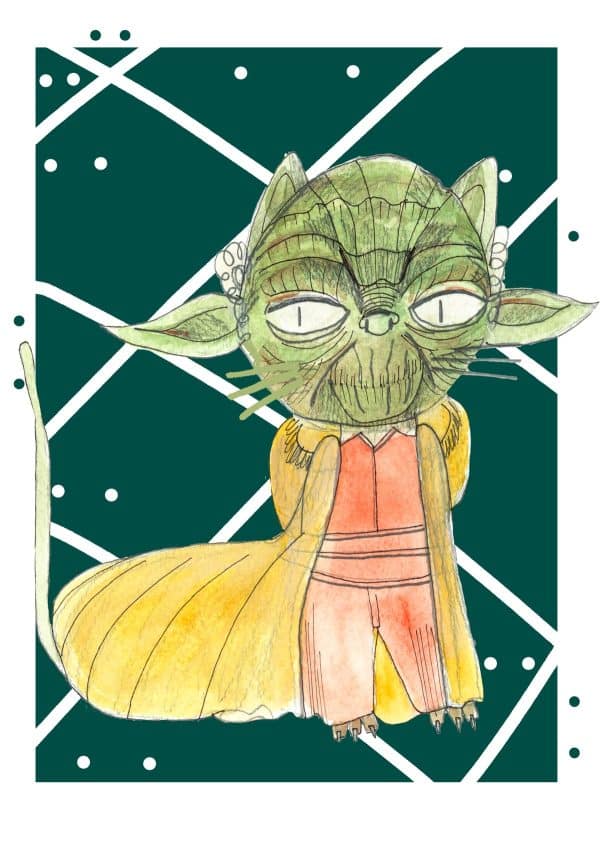 Ilustración de Yoda reinterpretado como un gato con estética contemporánea, inspirada en el universo Star Wars y perteneciente a la colección Oh My Cat de Petita Lechatrose.