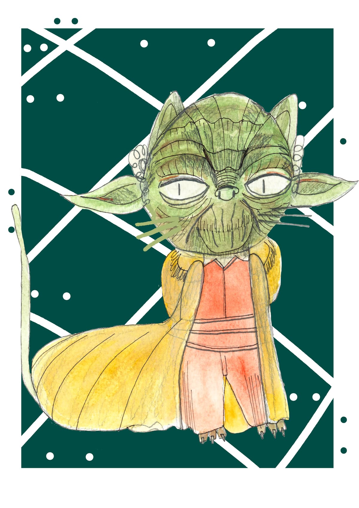 Ilustración de Yoda reinterpretado como un gato con estética contemporánea, inspirada en el universo Star Wars y perteneciente a la colección Oh My Cat de Petita Lechatrose.