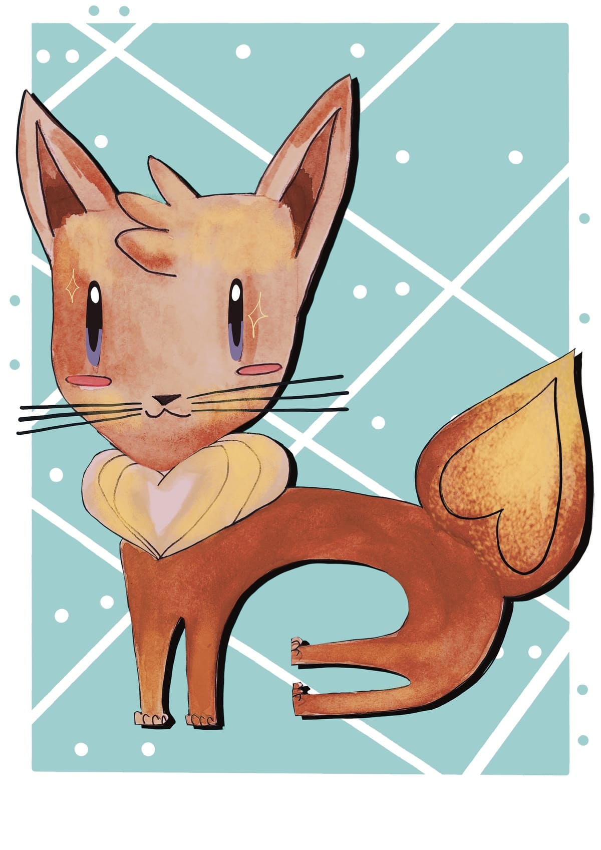 Ilustración de un gato inspirado en Eevee, con tonos marrones y una expresión dulce, perteneciente a la colección Oh My Cat de Petita Lechatrose.