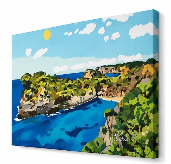 Ilustración artística de Mallorca inspirada en Caló des Moro, Sa Calobra, Sa Dragonera y Puig Major, impresa sobre canvas con colores mediterráneos.
