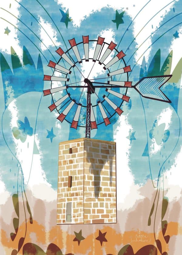 Ilustración digital de un molino de viento tradicional de Mallorca, con estructura de piedra y grandes aspas rodeadas de vegetación, representada con colores azules, verdes y tonos tierra.