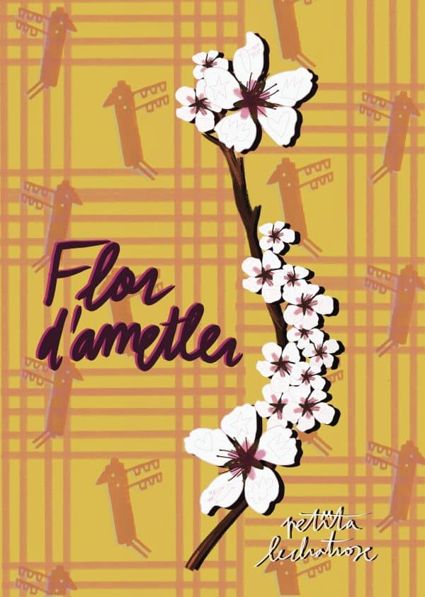 Ilustración digital Flor d’Ametler con una rama de almendro llena de flores blancas y rosadas sobre un fondo amarillo y ocre con un diseño gráfico contemporáneo.