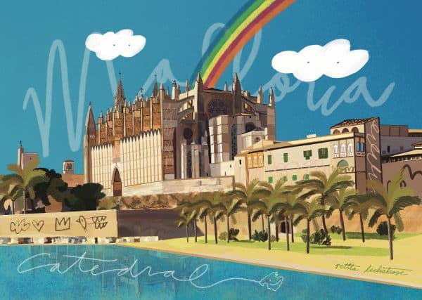 Ilustración digital de la Catedral de Mallorca, La Seu, rodeada de palmeras y edificios de Palma, con un arcoíris y nubes sobre un fondo azul.