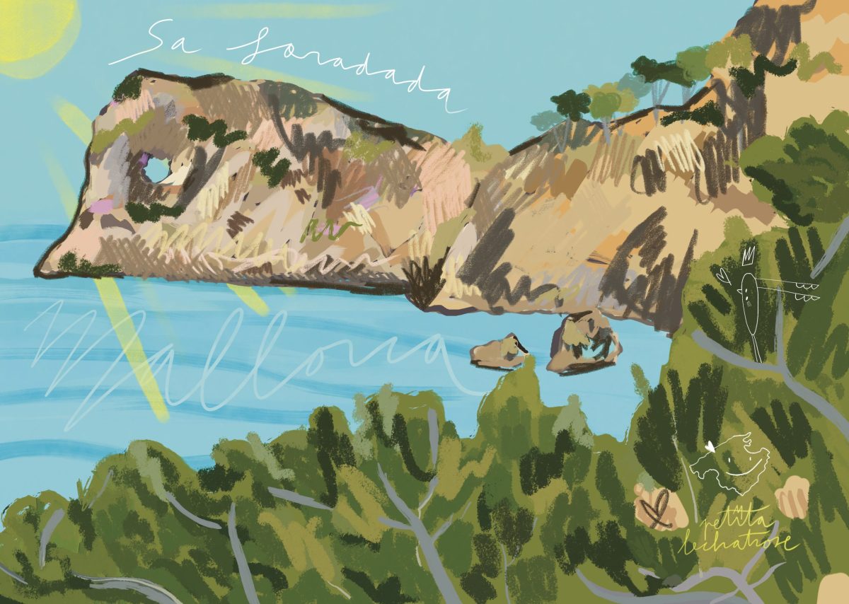 Ilustración digital de Sa Foradada en Mallorca con acantilados, mar Mediterráneo de color turquesa y pinos de la Serra de Tramuntana, realizada en un estilo contemporáneo y minimalista.