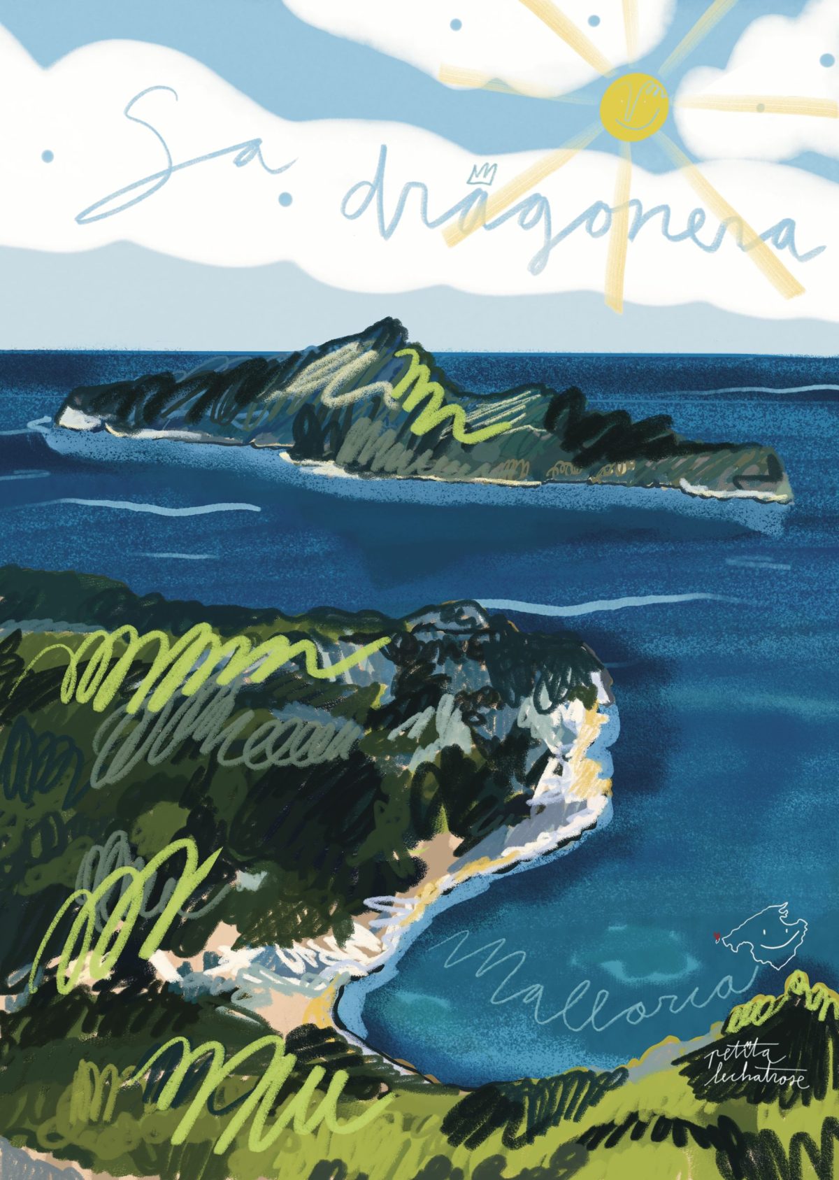 Ilustración digital de Sa Dragonera en Mallorca con la isla, acantilados, vegetación mediterránea y el mar Mediterráneo en tonos azules, representada con un estilo contemporáneo y minimalista.