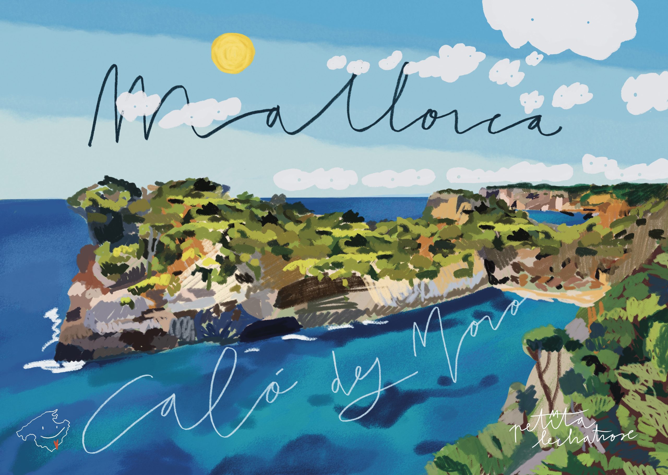 Ilustración digital de Caló des Moro en Mallorca, con aguas turquesas, acantilados, vegetación mediterránea, sol y nubes, representada con colores intensos y un estilo contemporáneo.