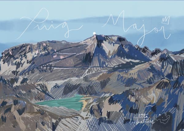 Ilustración digital del Puig Major en Mallorca, con montañas, cumbres rocosas, valles y un pequeño lago en tonos azules, grises y verdes, representada con trazos expresivos.