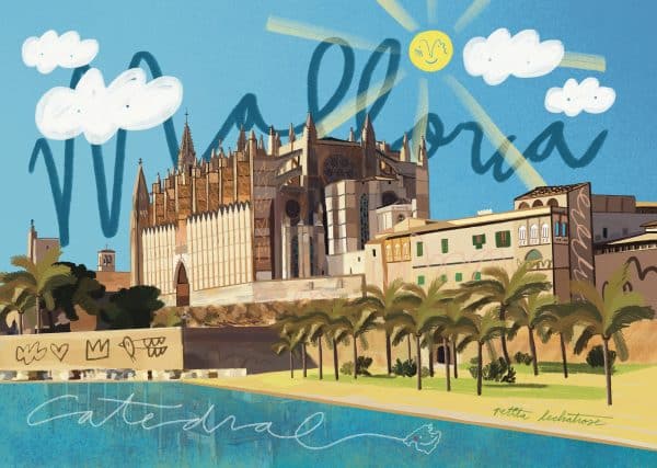 Ilustración digital Catedral Sol de Petita Lechatrose, con la Catedral de Mallorca rodeada de palmeras y edificios de Palma, bajo un cielo azul con un sol amarillo y nubes blancas.