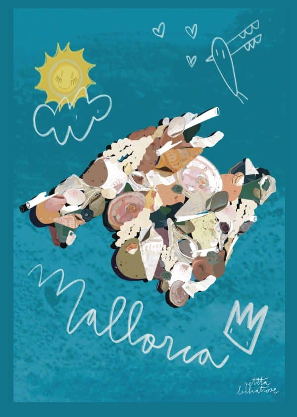 Ilustración digital de un mapa de Mallorca formado por colores y texturas sobre un fondo azul mediterráneo, acompañado de símbolos como un sol, una nube, un corazón, un pájaro y una corona.