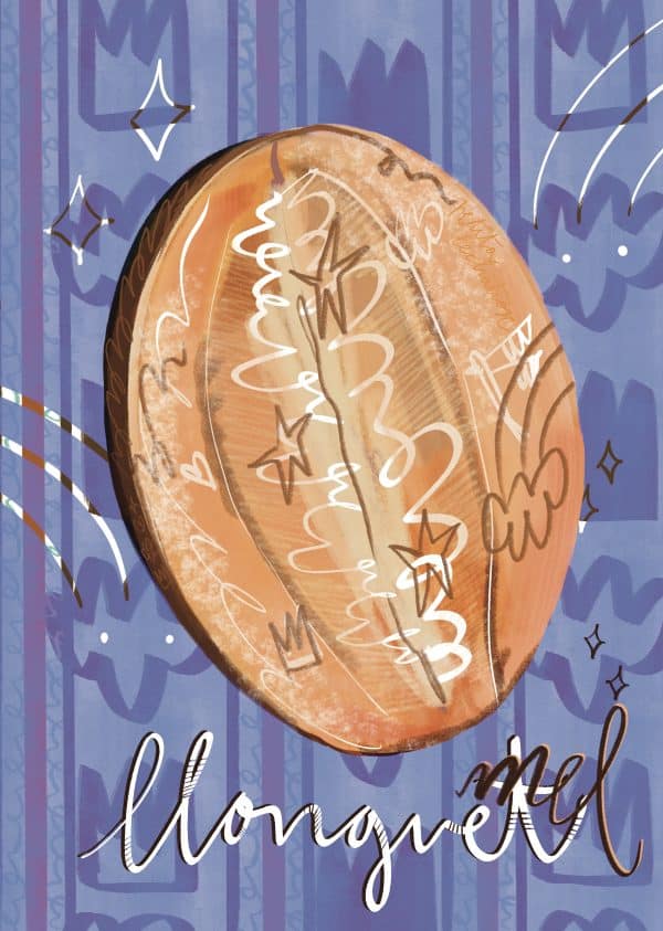 Ilustración digital de un llonguet mallorquín, un pan tradicional de Mallorca, representado en tonos dorados sobre un fondo azul con trazos y símbolos de estilo contemporáneo.