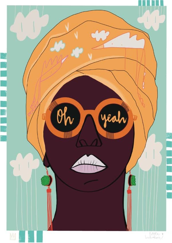 Oh Yeah, ilustración digital de Petita Lechatrose. Retrato de una mujer con piel oscura, gafas de sol con el mensaje ‘Oh yeah’ y pañuelo naranja ilustrado con nubes y pájaros, que transmite alegría, confianza y libertad.