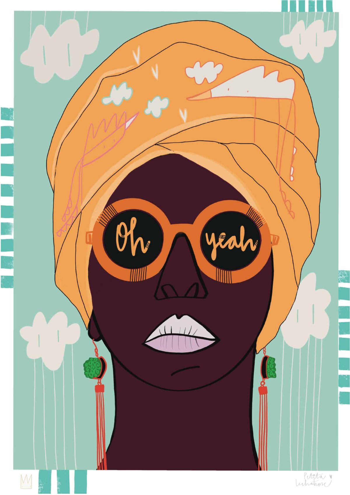 Oh Yeah, ilustración digital de Petita Lechatrose. Retrato de una mujer con piel oscura, gafas de sol con el mensaje ‘Oh yeah’ y pañuelo naranja ilustrado con nubes y pájaros, que transmite alegría, confianza y libertad.