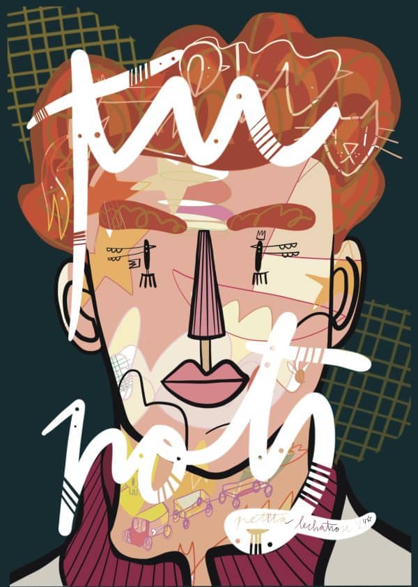 Tu pots, ilustración digital de Petita Lechatrose. Retrato contemporáneo con la frase ‘Tu pots’ sobre el rostro, que simboliza la fuerza interior, la confianza, la valentía y la superación personal.