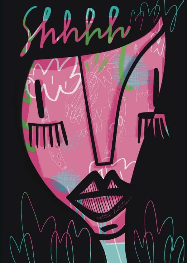 Shhhh, ilustración digital de Petita Lechatrose. Retrato femenino en tonos rosas sobre fondo negro con la palabra ‘Shhhh’, que simboliza el silencio, la calma y la conexión con uno mismo.