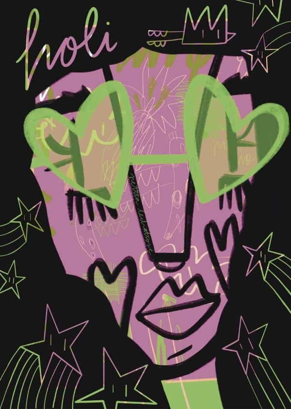 Ilustración digital de una mujer de rostro lila con gafas verdes en forma de corazón, rodeada de estrellas y trazos coloridos sobre fondo negro. Una obra contemporánea de Petita Lechatrose que transmite alegría, creatividad y energía positiva.
