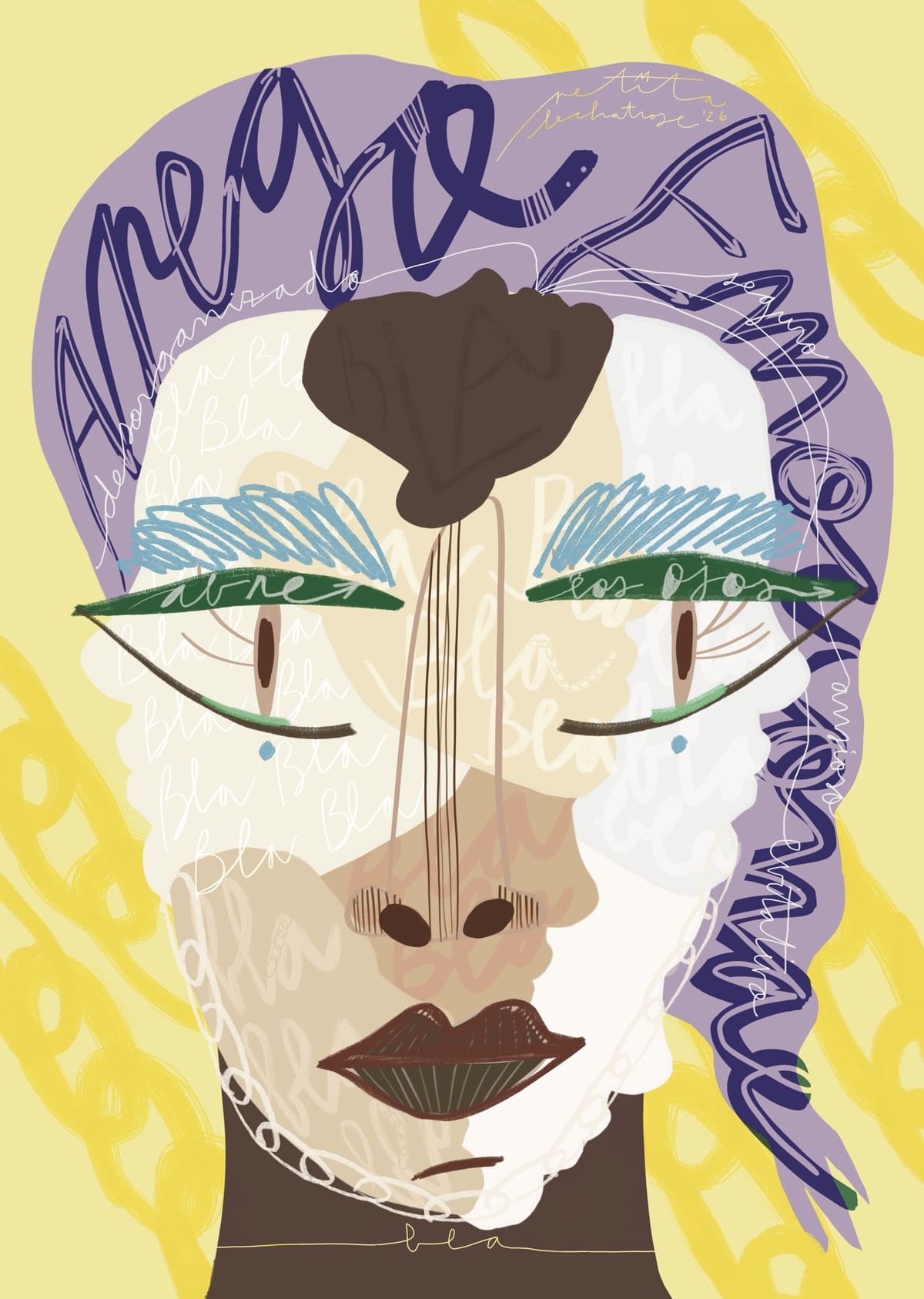 Ilustración contemporánea sobre el apego emocional con un retrato abstracto, máscaras de colores, el mensaje “Abre los ojos” sobre los párpados y canas que representan los cuatro estilos de apego: seguro, ansioso, evitativo y desorganizado. La obra utiliza tonos lila y amarillo para simbolizar la transformación emocional, la luz y el crecimiento personal.
