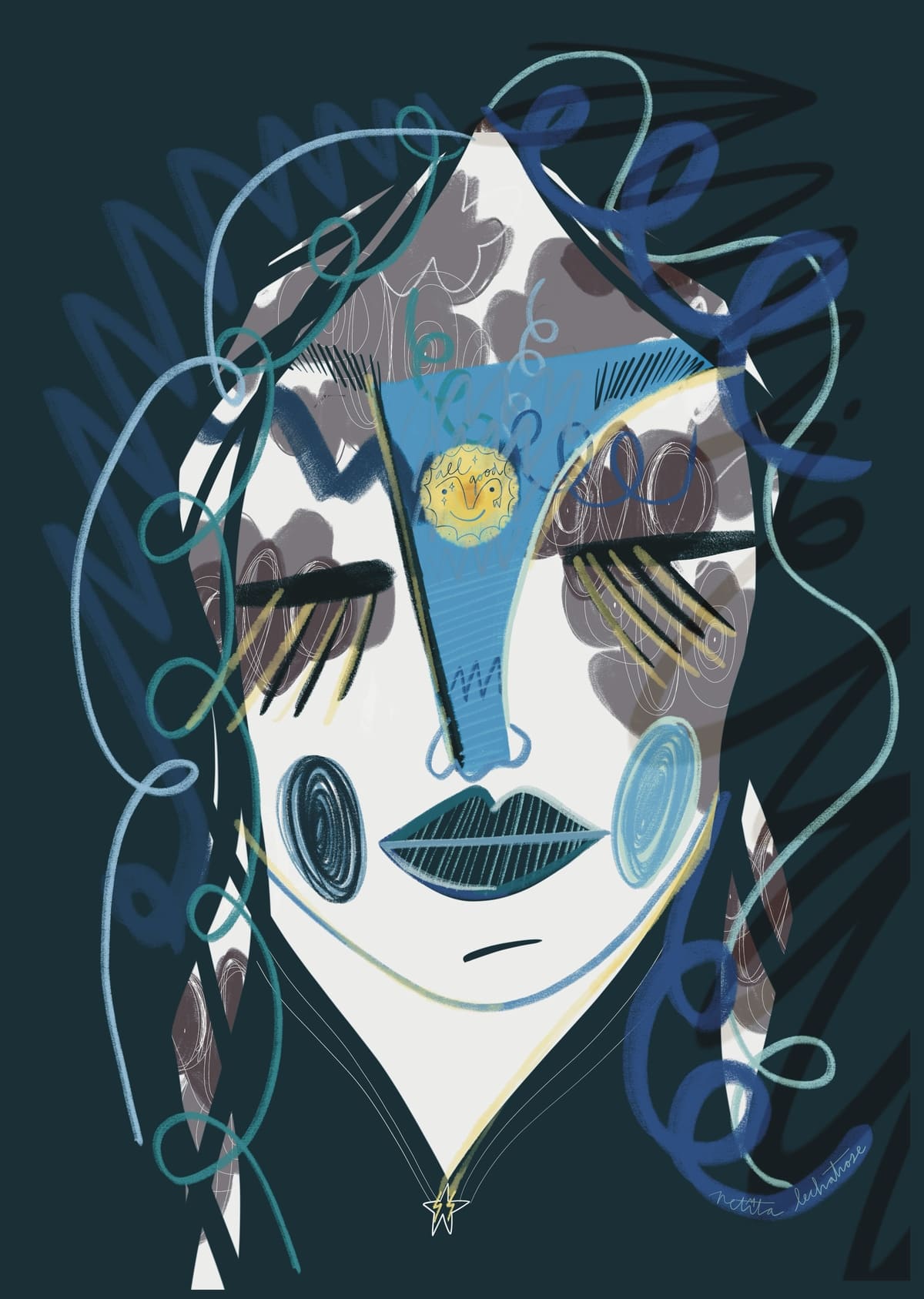 Ilustración original “Ansiedad” de Petita Lechatrose, un rostro abstracto que simboliza el ruido mental y la ansiedad mediante formas y tonos azules.