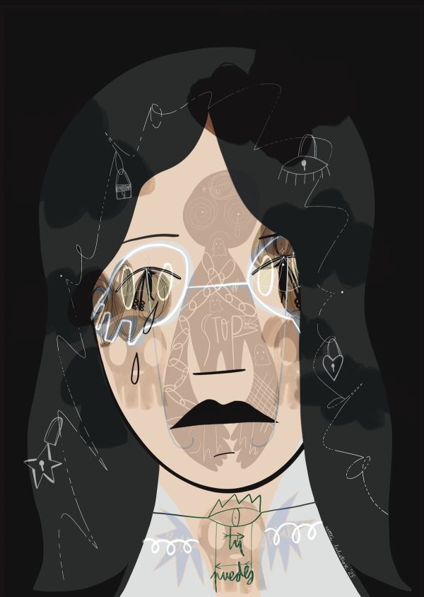 Ilustración contemporánea de un rostro con lágrimas, candados y símbolos de bloqueo. En el cuello aparece la frase “Tú puedes” en color verde como símbolo de esperanza y fortaleza para superar el miedo.