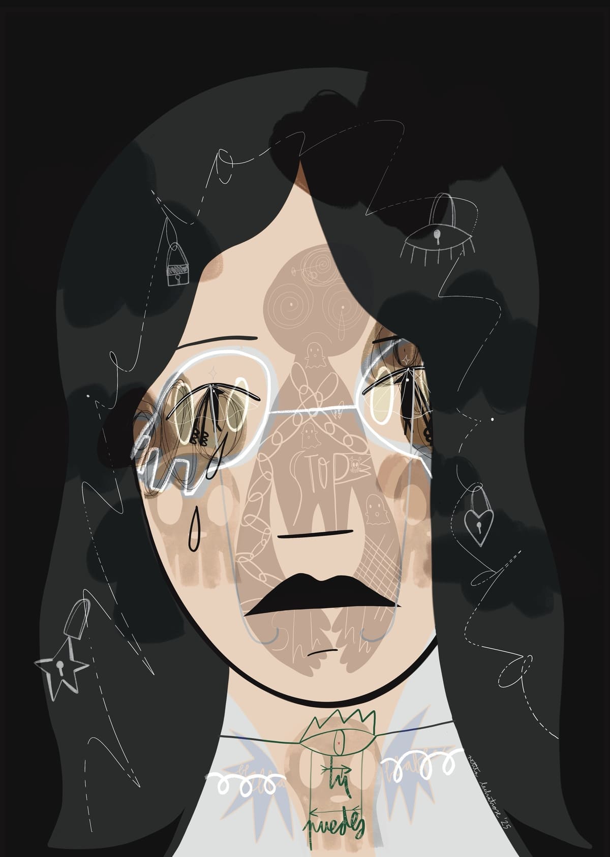 Ilustración contemporánea de un rostro con lágrimas, candados y símbolos de bloqueo. En el cuello aparece la frase “Tú puedes” en color verde como símbolo de esperanza y fortaleza para superar el miedo.