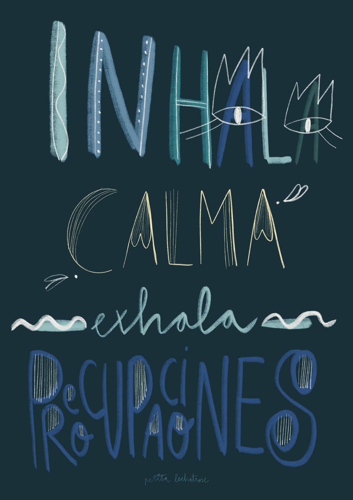 Ilustración tipográfica con la frase “Inhala calma, exhala preocupaciones” en tonos azules sobre fondo oscuro, con ojos integrados en la palabra “Inhala” como símbolo de conciencia y respiración.