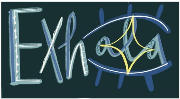 Pegatina de vinilo con la palabra «Exhala» integrada en un ojo de colores azules y un destello amarillo, ilustración sobre respiración consciente y calma interior.