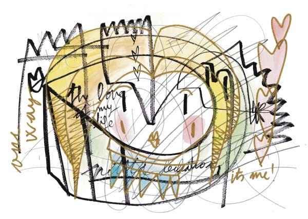 Ilustración contemporánea de un rostro abstracto con líneas expresivas, formas geométricas y la frase “The Love of My Life Is Me”, símbolo de amor propio, fortaleza y crecimiento personal.