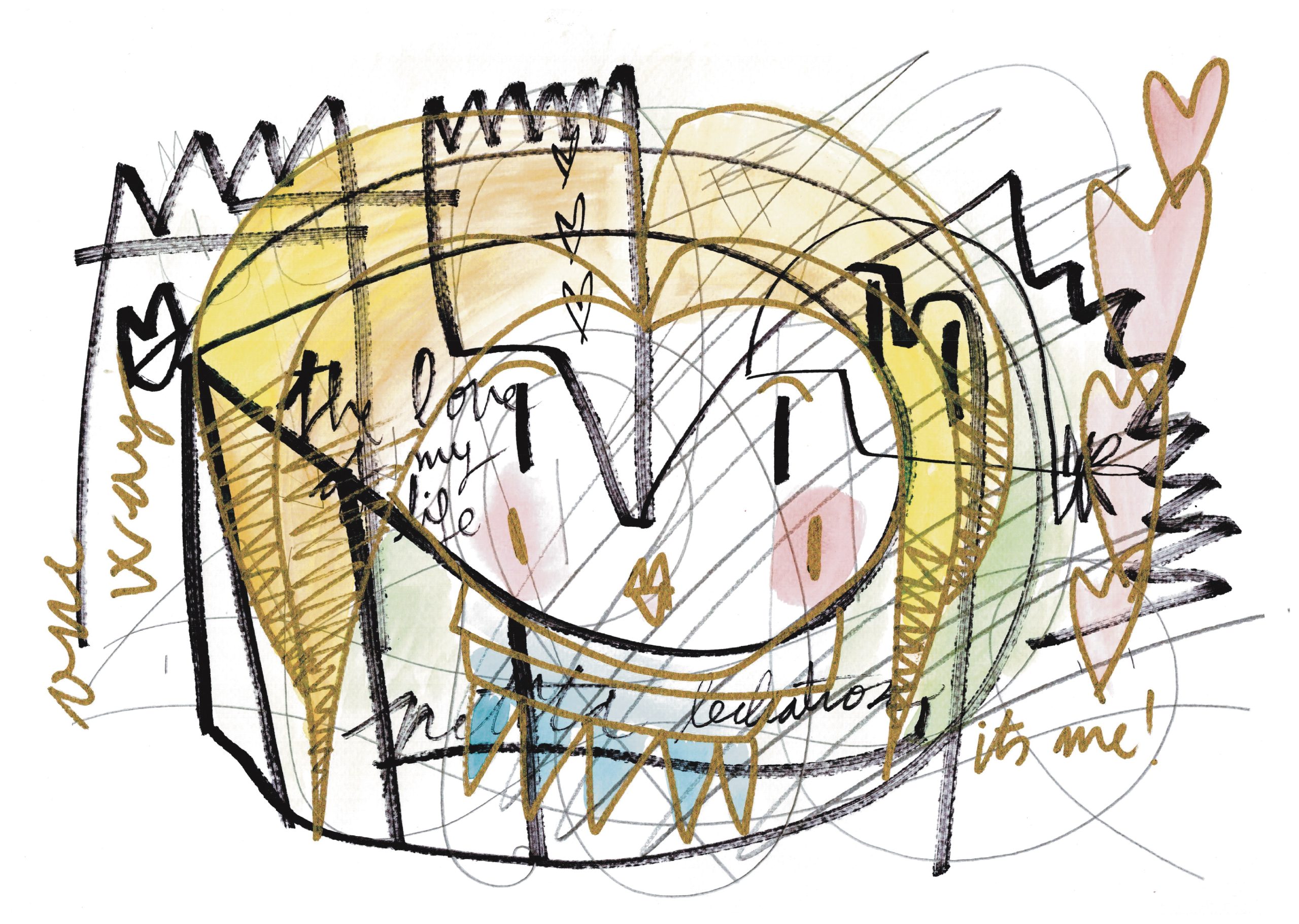 Ilustración contemporánea de un rostro abstracto con líneas expresivas, formas geométricas y la frase “The Love of My Life Is Me”, símbolo de amor propio, fortaleza y crecimiento personal.