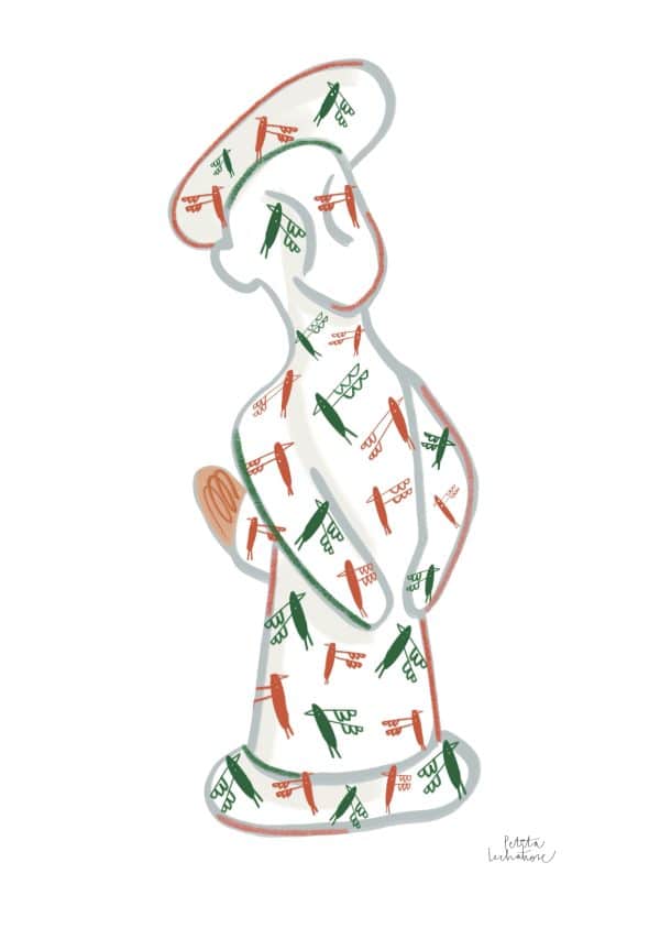 Ilustración digital de un siurell mallorquín de color blanco con detalles verdes y rojos, representado con un estilo contemporáneo y minimalista sobre fondo blanco