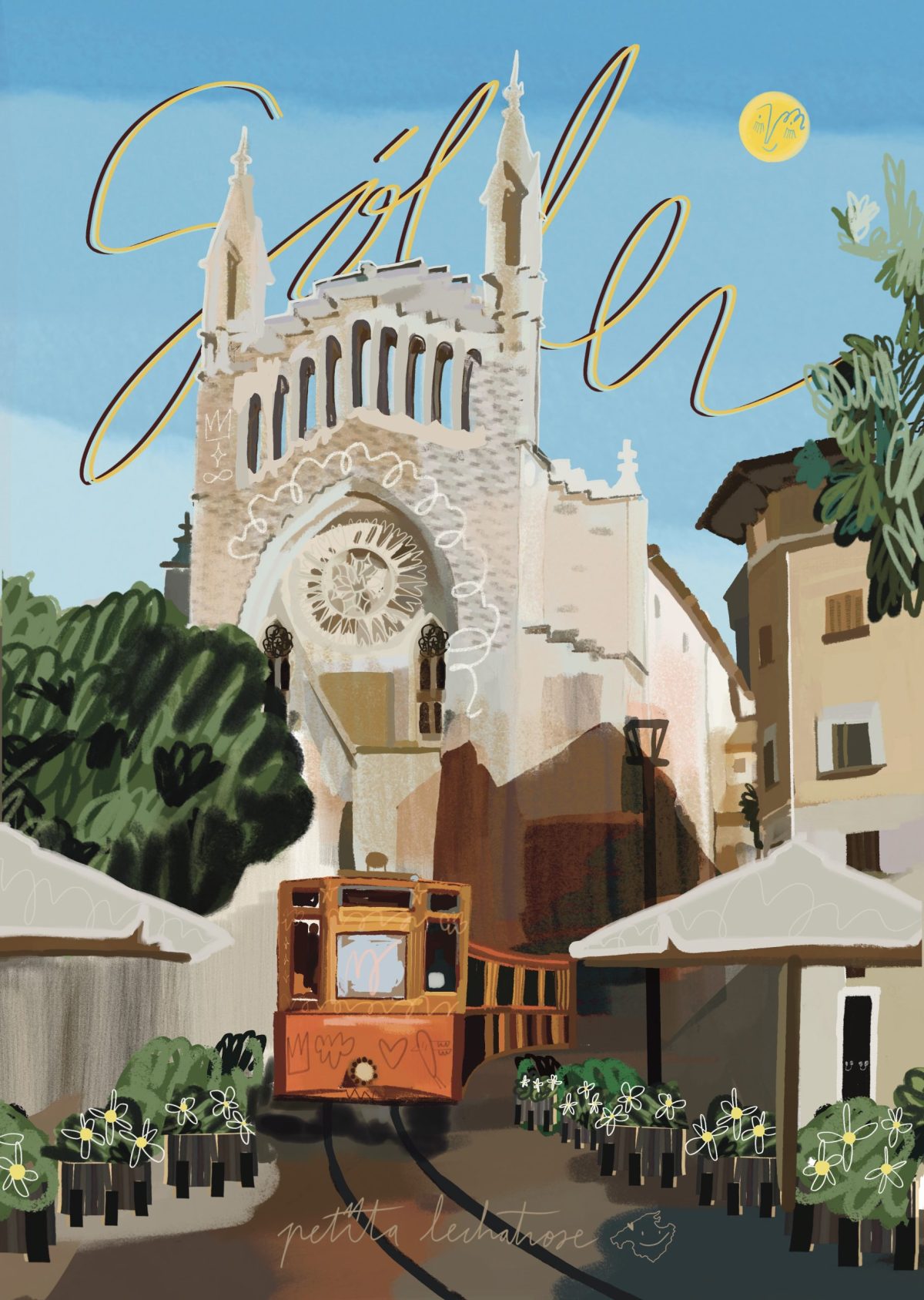 Ilustración de Sóller con el tranvía naranja circulando frente a la iglesia de Sant Bartomeu bajo un cielo azul, realizada en un estilo contemporáneo por Petita Lechatrose.