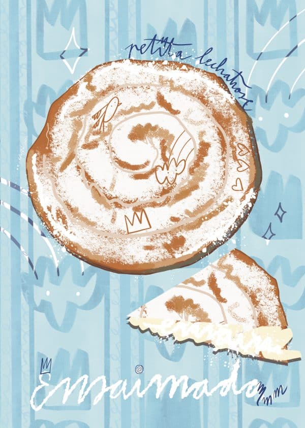 Ilustración digital de una ensaïmada mallorquina en forma circular y una porción sobre un fondo azul con símbolos y trazos de estilo contemporáneo.