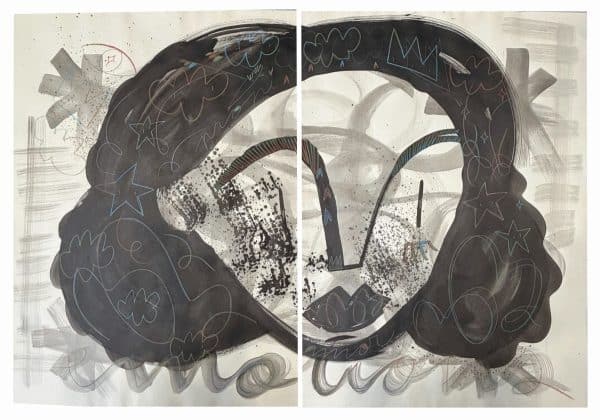Díptico original Emociones de Petita Lechatrose de 70 × 100 cm, con un rostro femenino formado por grandes masas negras, pinceladas grises y líneas y símbolos en diferentes colores sobre fondo claro.
