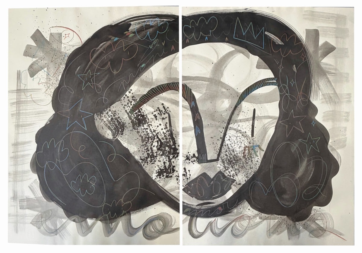 Díptico original Emociones de Petita Lechatrose de 70 × 100 cm, con un rostro femenino formado por grandes masas negras, pinceladas grises y líneas y símbolos en diferentes colores sobre fondo claro.