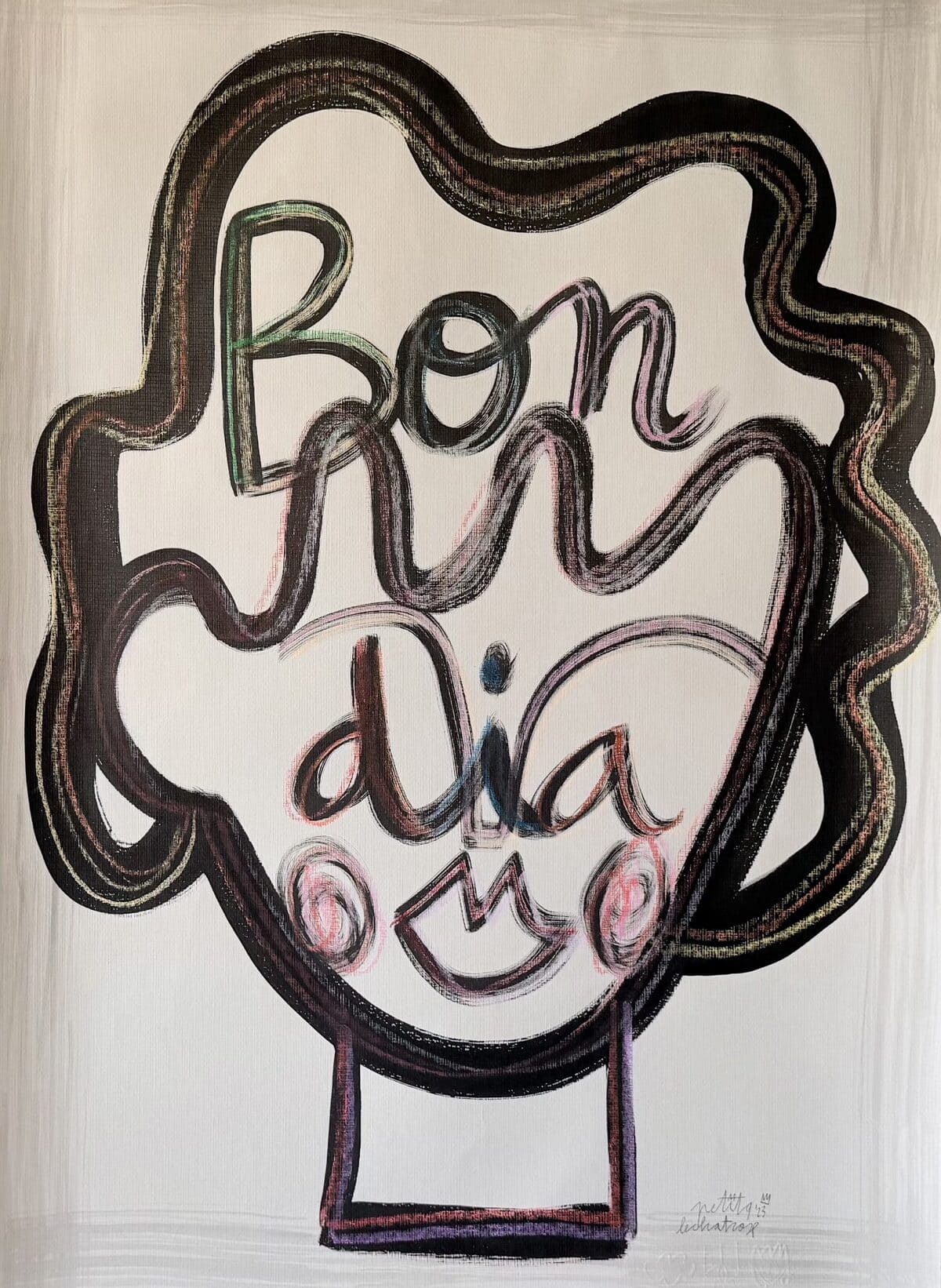 Bon dia, obra original de Petita Lechatrose realizada en tinta y pastel sobre papel Guarro Casas. Un retrato de expresión serena con la frase ‘Bon dia’, que simboliza la alegría, la esperanza y la belleza de comenzar un nuevo día.