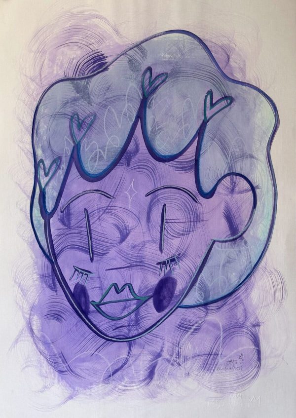 Calma, obra original de Petita Lechatrose realizada en técnica mixta sobre papel. Un retrato de tonos azules y lilas que transmite serenidad, introspección y el encuentro entre la inocencia y la sabiduría.